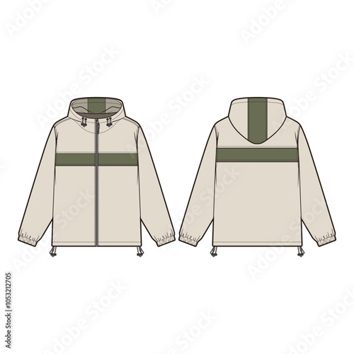 Flat sketches of a trek jacket featuring a stand collar, zippered front closure, multiple utility pockets, and adjustable cuffs. Designed with a lightweight, weather-resistant fabric and reinforced st
