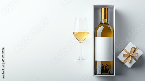 Elegant minimalist packaging for wine or spirits a stylish presentation in a slim tall box with a glass of white wine photo