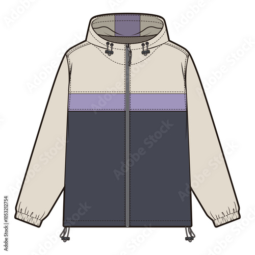 Flat sketches of a trek jacket featuring a stand collar, zippered front closure, multiple utility pockets, and adjustable cuffs. Designed with a lightweight, weather-resistant fabric and reinforced st