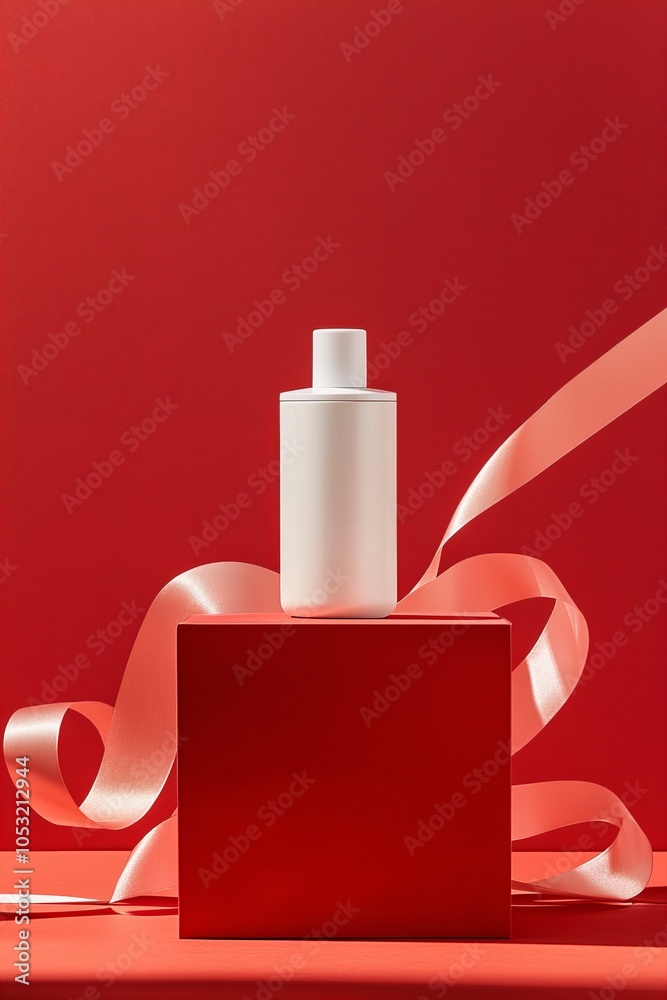 Elegant white bottle on red box with ribbon, showcasing minimalistic beauty product design against a bold red background. Elegant white bottle on red box with ribbon, showcasing minimalistic beauty product design against a bold red background.