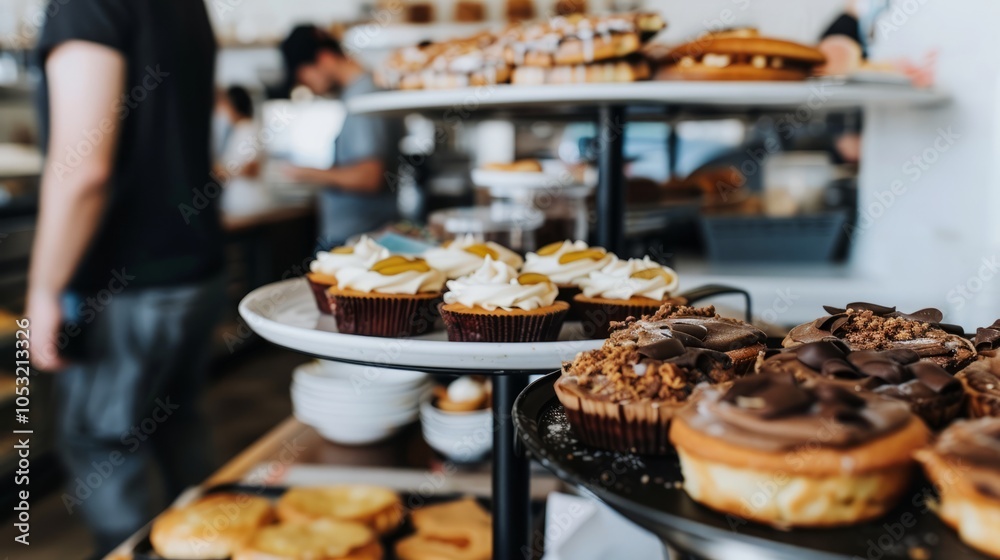 A display of cupcakes and pastries in a bakery A display of cupcakes and pastries in a bakery