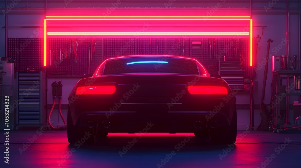 AI powered robot technician precisely repairing car sensors in a dark industrial garage surrounded by glowing neon lights and utilizing advanced holographic repair tools for a futuristic AI powered robot technician precisely repairing car sensors in a dark industrial garage surrounded by glowing neon lights and utilizing advanced holographic repair tools for a futuristic