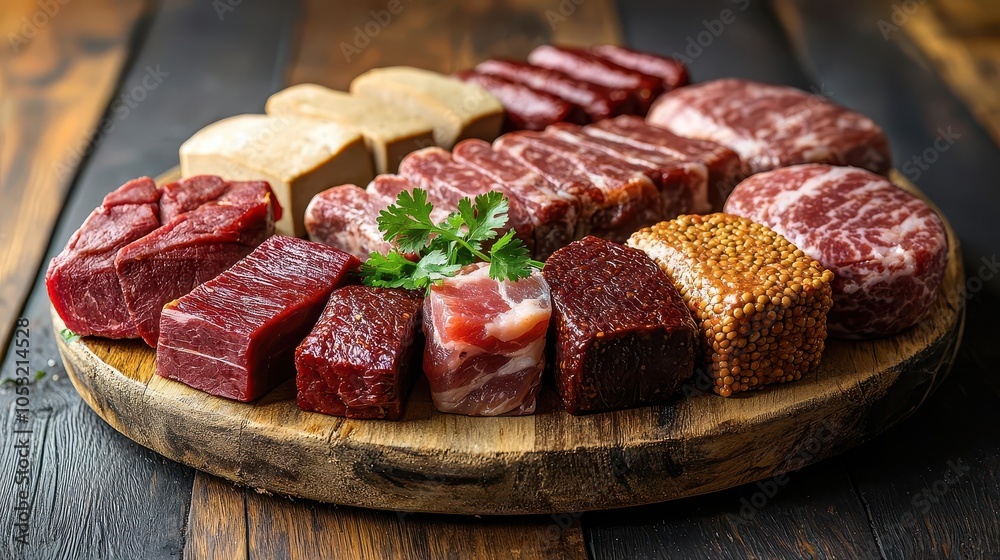 An assortment of mock meats made from soy protein, elegantly arranged on a wooden platter with a sprig of coriander