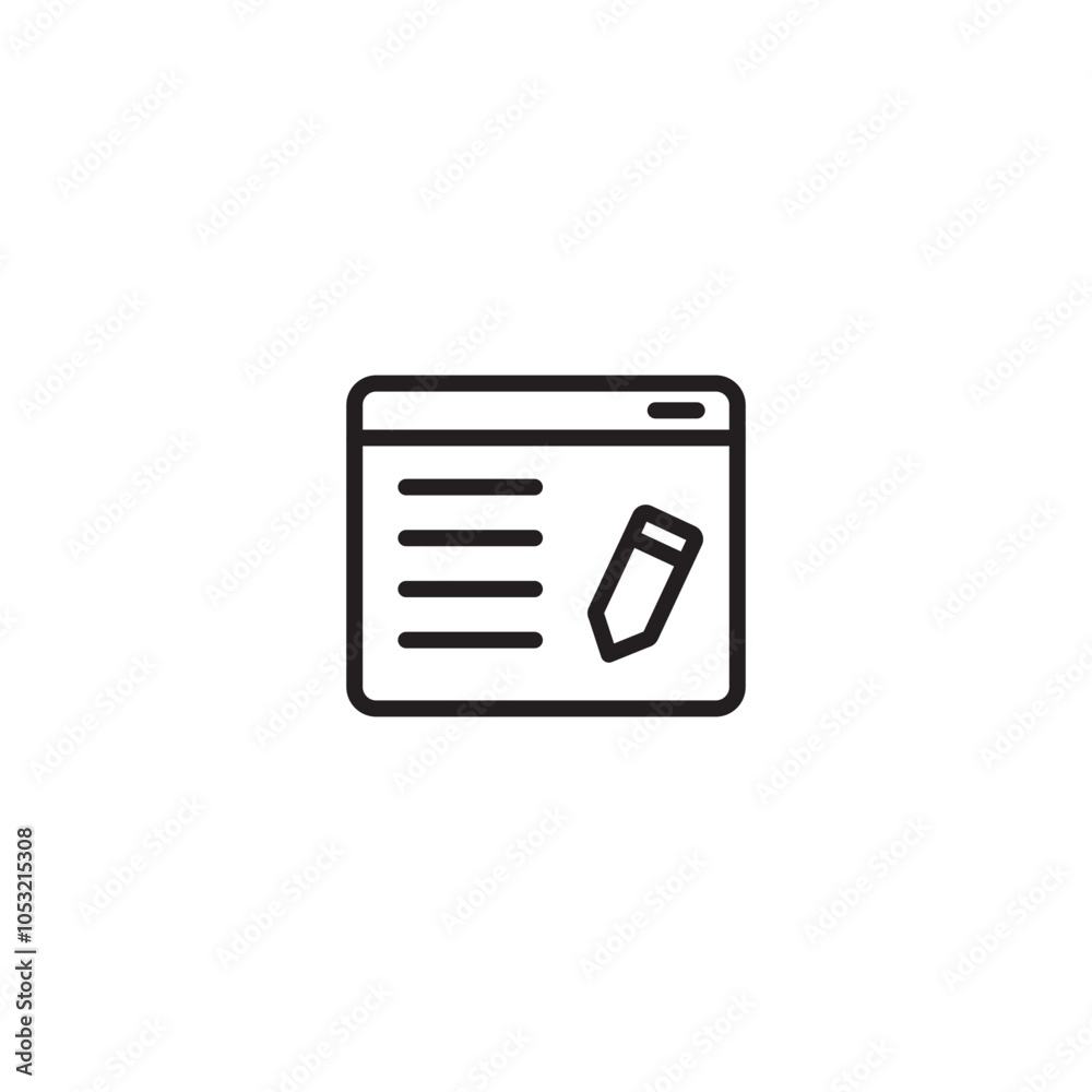 An icon representing content creation, blogging, or online writing. The browser window and pencil symbolize the tools and process of creating and sharing content online. Editable icon. An icon representing content creation, blogging, or online writing. The browser window and pencil symbolize the tools and process of creating and sharing content online. Editable icon.