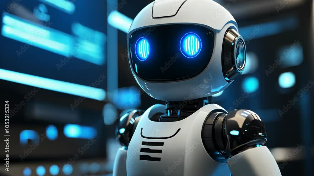 A white robot with blue glowing eyes stands in front of a computer screen in a dimly lit room