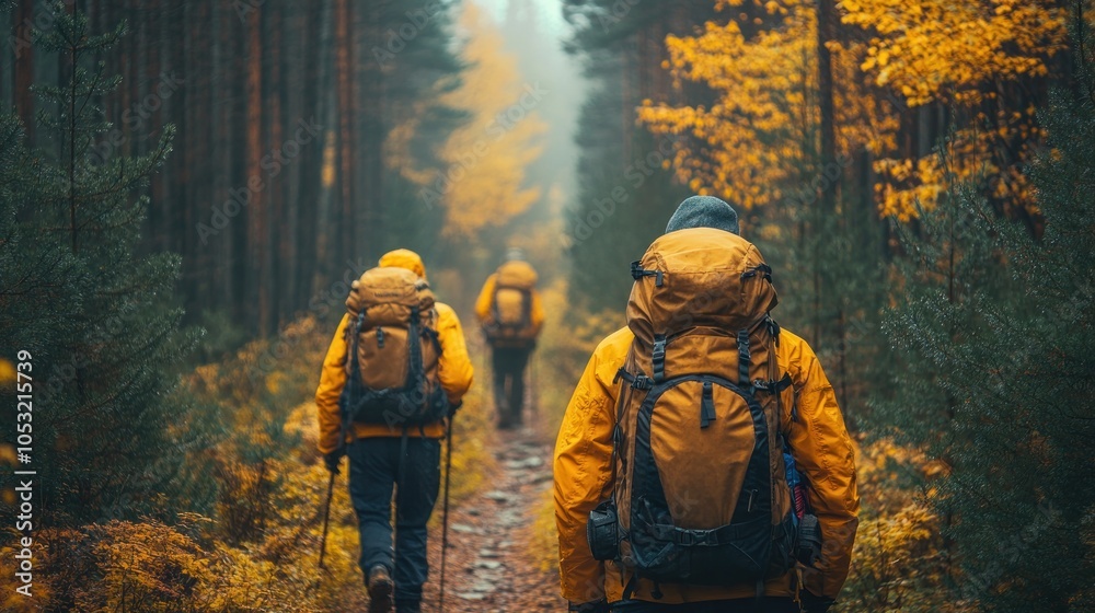 Hikers in yellow jackets trekking through an autumn forest trail. Hikers in yellow jackets trekking through an autumn forest trail.