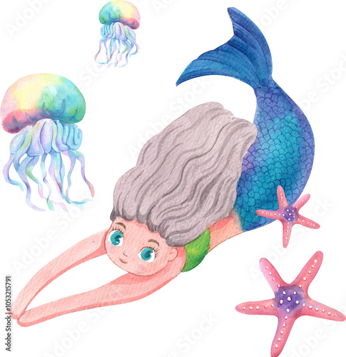 Mermaids are swimming among the starfish and Jellyfish, Watercolor Hand-drawn Illustration photo