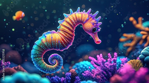 Fototapeta Naklejka Na Ścianę i Meble -  A colorful seahorse swims through a vibrant coral reef.
