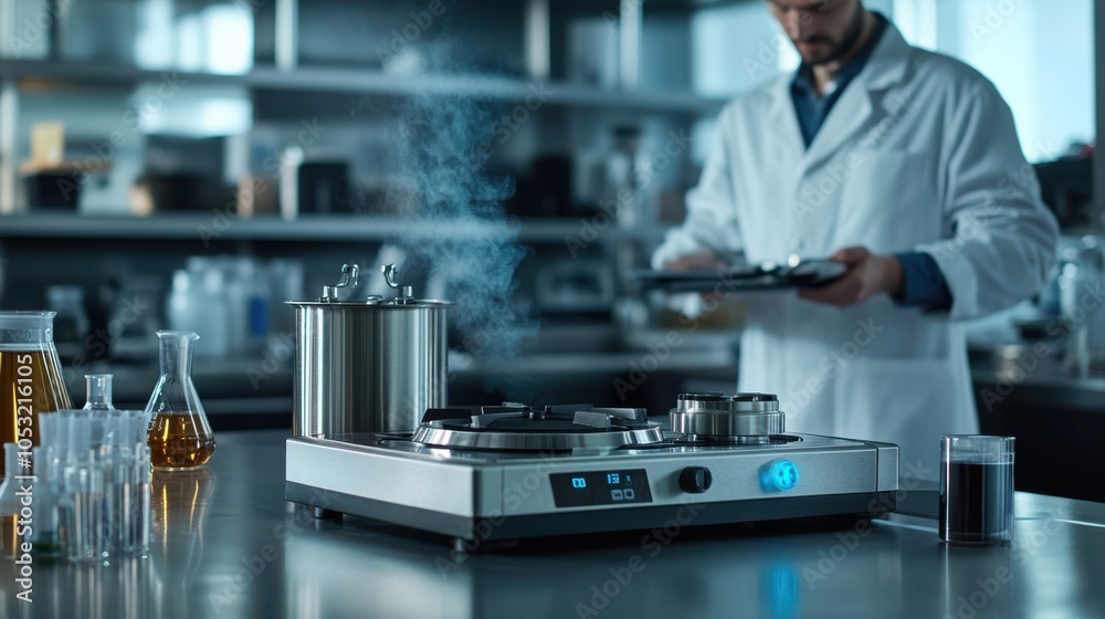 A scientist in a lab coat by a stainless steel electric stove with octane fuel, set on a table A scientist in a lab coat by a stainless steel electric stove with octane fuel, set on a table
