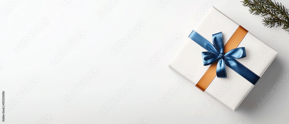 Elegant white gift box with embossed logo and blue ribbon on a minimalist surface Elegant white gift box with embossed logo and blue ribbon on a minimalist surface