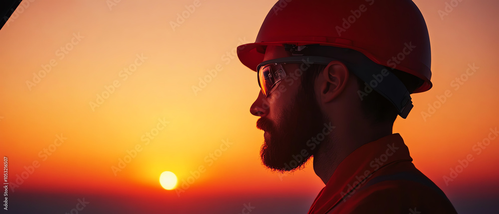 A silhouette of a man wearing a safety helmet and glasses, gazing at a sunset, embodying hard work and determination. A silhouette of a man wearing a safety helmet and glasses, gazing at a sunset, embodying hard work and determination.