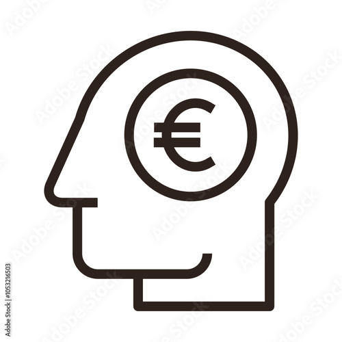 Head with euro sign. Concept of financial planning. Money thinking symbol