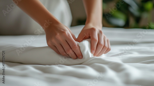 The hands of a woman gently adjusting a white fitted sheet as she makes the bed, smoothing it over the mattress. photo