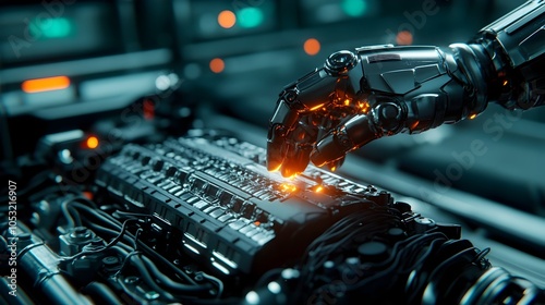 robotic arm meticulously repairing a hybrid engine in an industrial garage setting with sparks flying and a soft glow of neon green lighting reflecting off the sleek metal surfaces