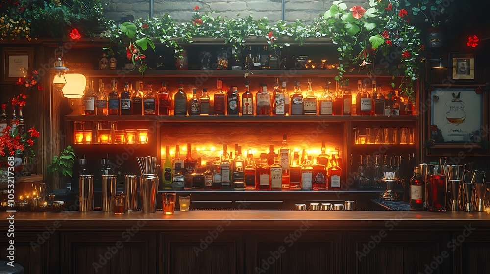 A well-stocked bar with a variety of spirits and cocktails. The bar is lit by warm, inviting lights. A well-stocked bar with a variety of spirits and cocktails. The bar is lit by warm, inviting lights.