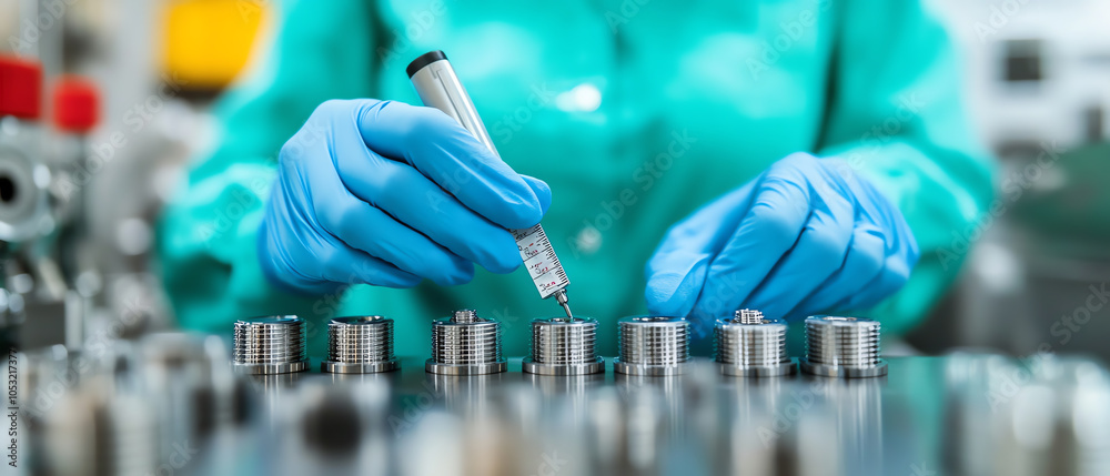 A technician in blue gloves carefully handling equipment components in a laboratory setting, showcasing precision and attention to detail.