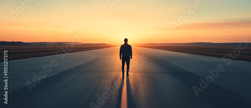 A solitary figure standing on an empty road at sunset, symbolizing reflection, determination, and the journey ahead. photo