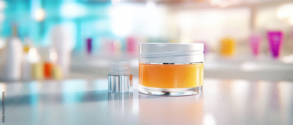 Close-up of a luxurious orange cream jar on a bright, blurred background, showcasing beauty and skincare products for promotion. Close-up of a luxurious orange cream jar on a bright, blurred background, showcasing beauty and skincare products for promotion.