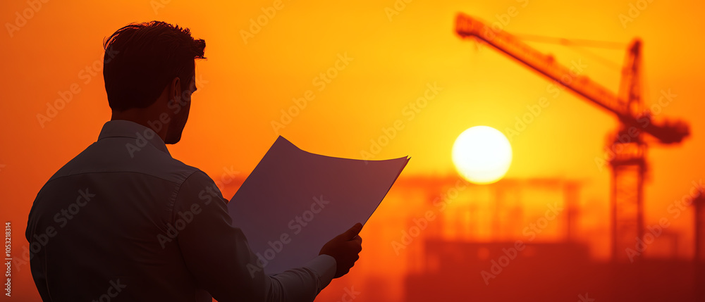 A worker studying blueprints against a vibrant sunset backdrop, with construction cranes silhouetted in the background.
