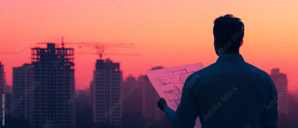 An architect reviewing blueprints while overlooking a city skyline at sunset, emphasizing urban design and development.