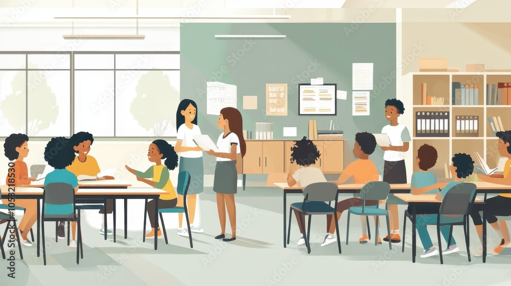 Teachers and students interacting in a structured, organized school system, with everyone focused on learning. Teachers and students interacting in a structured, organized school system, with everyone focused on learning.