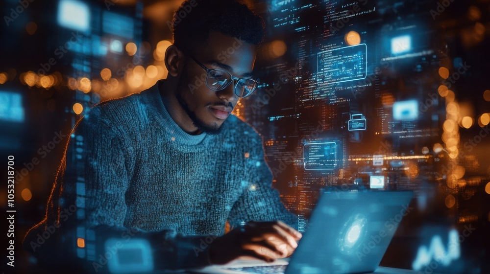 A software engineer coding on a laptop, surrounded by holographic symbols of A software engineer coding on a laptop, surrounded by holographic symbols of