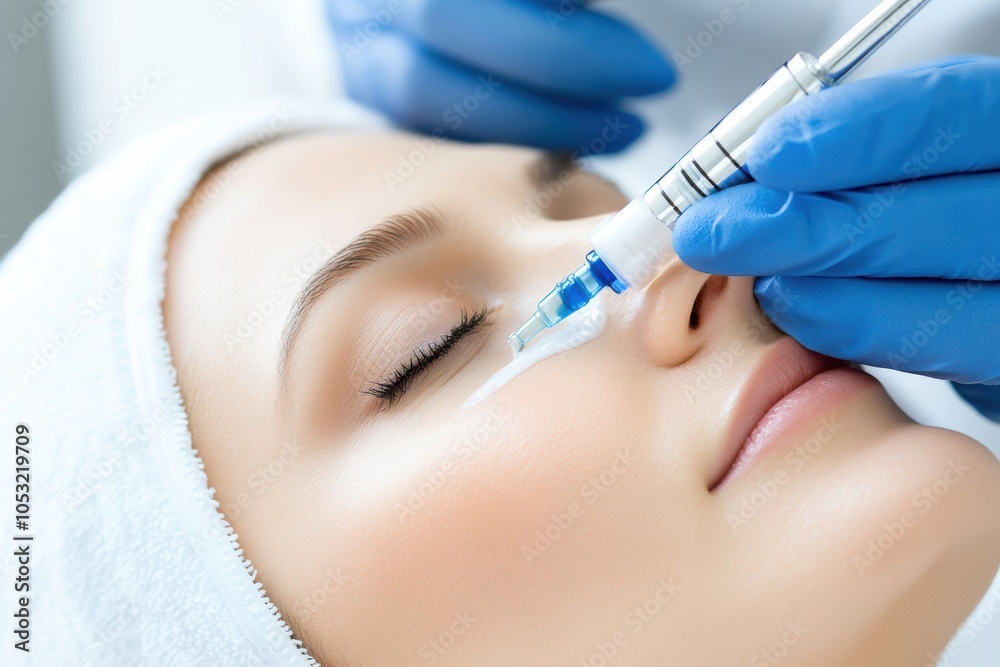 Close-up of a woman receiving a cosmetic treatment, highlighting skincare and beauty procedures for rejuvenation. Close-up of a woman receiving a cosmetic treatment, highlighting skincare and beauty procedures for rejuvenation.