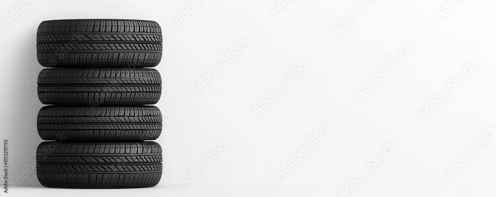 Four stacked tires on a white background, highlighting their texture and design, suitable for automotive or industrial contexts. Four stacked tires on a white background, highlighting their texture and design, suitable for automotive or industrial contexts.