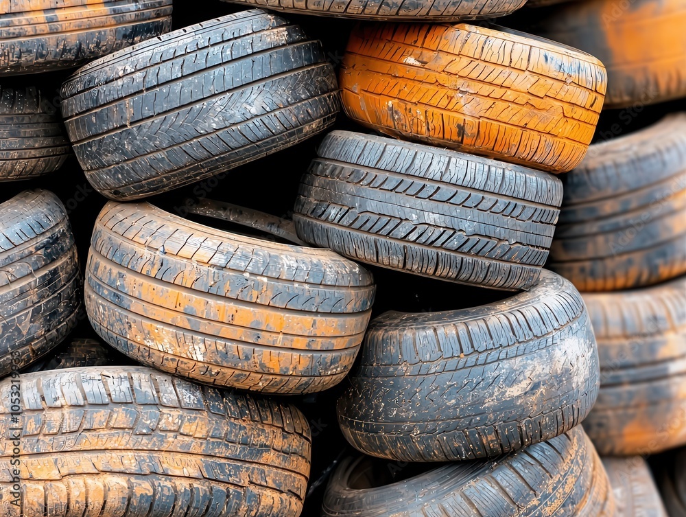 A pile of used, worn-out tires in various conditions, with some showing significant wear and others featuring a distinct orange hue. A pile of used, worn-out tires in various conditions, with some showing significant wear and others featuring a distinct orange hue.
