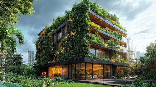 Modern eco-friendly building surrounded by lush greenery.