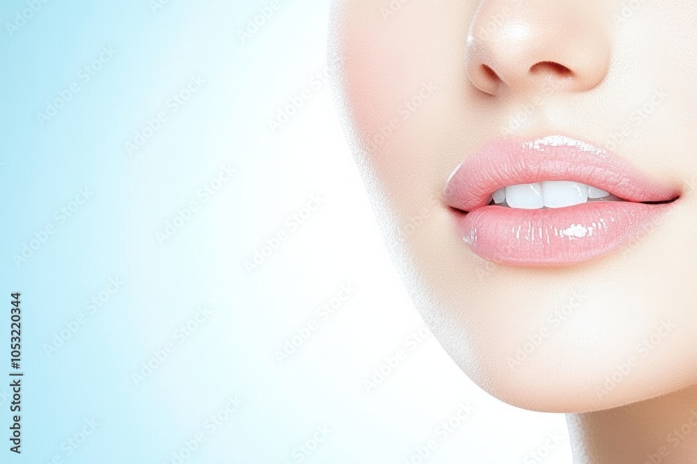 Obraz premium Close-up of a woman's lips showcasing a natural glossy shine, perfect for beauty and skincare themes.