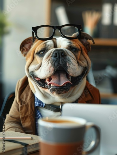 A bulldog wearing glasses and a jacket sits at a desk with a cup of coffee. AI.