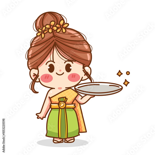 Cute girl in a Thai dress stands holding a plate for placing food. hand drawn cartoon, vector illustration