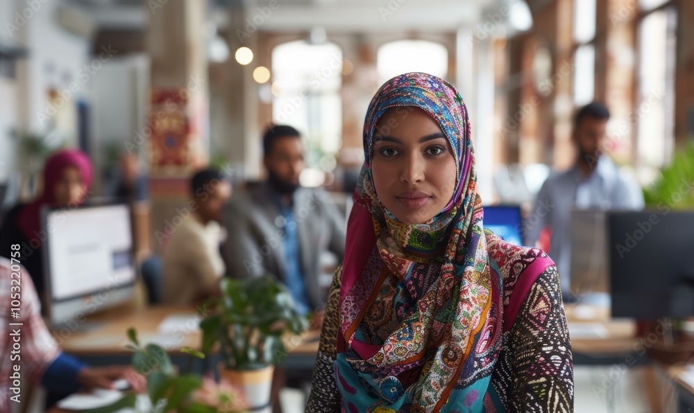 A woman in a headscarf looks at the camera. AI. A woman in a headscarf looks at the camera. AI.