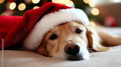 Obraz Uroczy piesek z czapką Świętego Mikołaja stoi w świątecznym otoczeniu.
