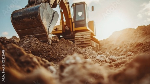 Backhoe in action at a construction site, digging and clearing soil to prepare the area for road development, showcasing the power and efficiency of earth-moving equipment. photo