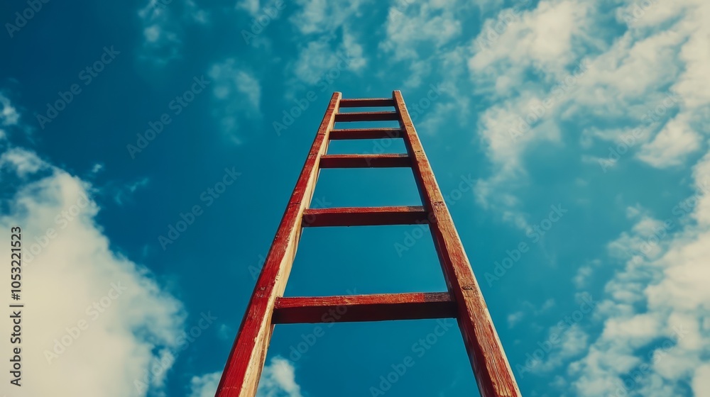 Reaching for the Sky: A red wooden ladder ascends towards a vibrant blue sky filled with fluffy white clouds, symbolizing ambition, growth, and the pursuit of dreams. Reaching for the Sky: A red wooden ladder ascends towards a vibrant blue sky filled with fluffy white clouds, symbolizing ambition, growth, and the pursuit of dreams.