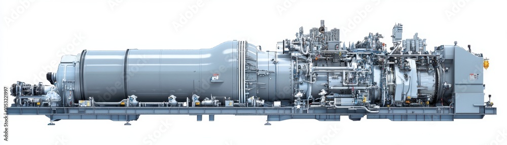 Fototapeta premium A gas turbine engine highlights its essential role in generating electricity at power plants, showcasing the efficiency and reliability required to meet energy demands during times of crisis.