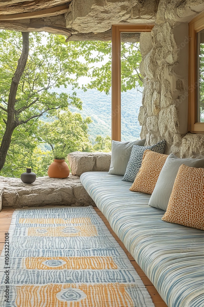 Fototapeta premium Cozy rustic lounge with nature view through large window