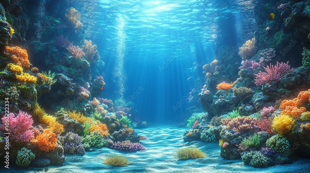 Obraz premium Vibrant coral reef underwater paradise with sunlight rays