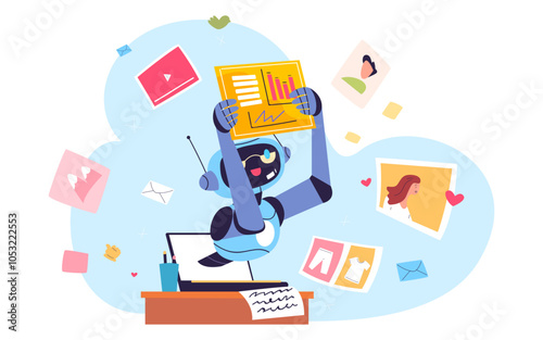 Ai content creation. Artificial intelligence automation work in computer cyberspace, social media development art generation robot author or business assistance vector illustration