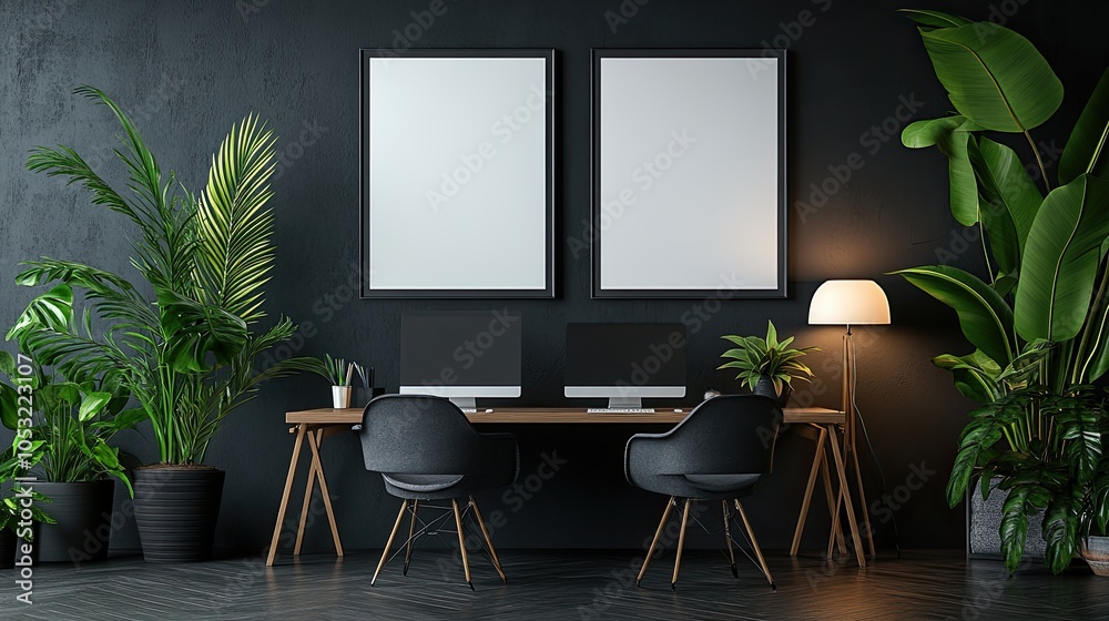 Two blank frames hang above a sleek, minimalist workspace with two computers, a wooden desk, black chairs, and greenery. Two blank frames hang above a sleek, minimalist workspace with two computers, a wooden desk, black chairs, and greenery.
