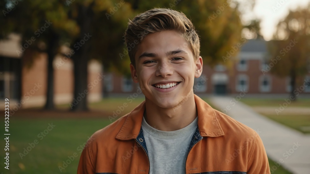 male american boy in orange casual wear on school yard background model portrait smiling for ad concept space for text male american boy in orange casual wear on school yard background model portrait smiling for ad concept space for text