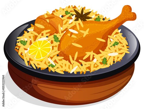 Matka Chicken Biryani Isolated. Traditional Indian Cuisine Served in Earthen Pot. Authentic Dish Detailed Illustration 