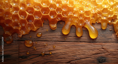 Golden honeycomb dripping on wooden surface highlighting natural sweetness photo