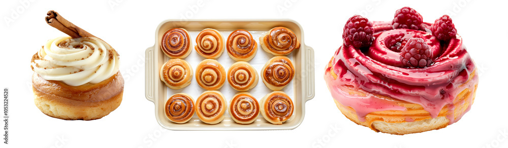 Cinnamon roll and cupcake topped with smooth raspberry, vanilla and chocolate icing, isolated on white transparent background. Cinnamon roll and cupcake topped with smooth raspberry, vanilla and chocolate icing, isolated on white transparent background.