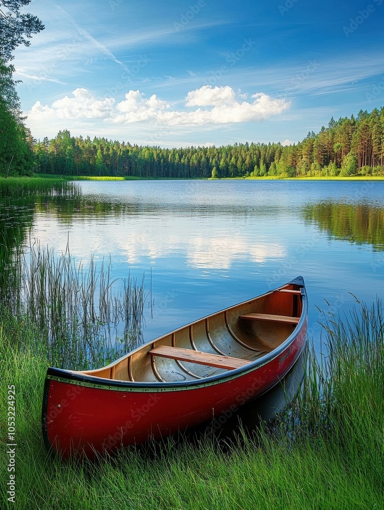 Obraz premium A red canoe rests on the shore of a calm lake, surrounded by lush green trees. AI.