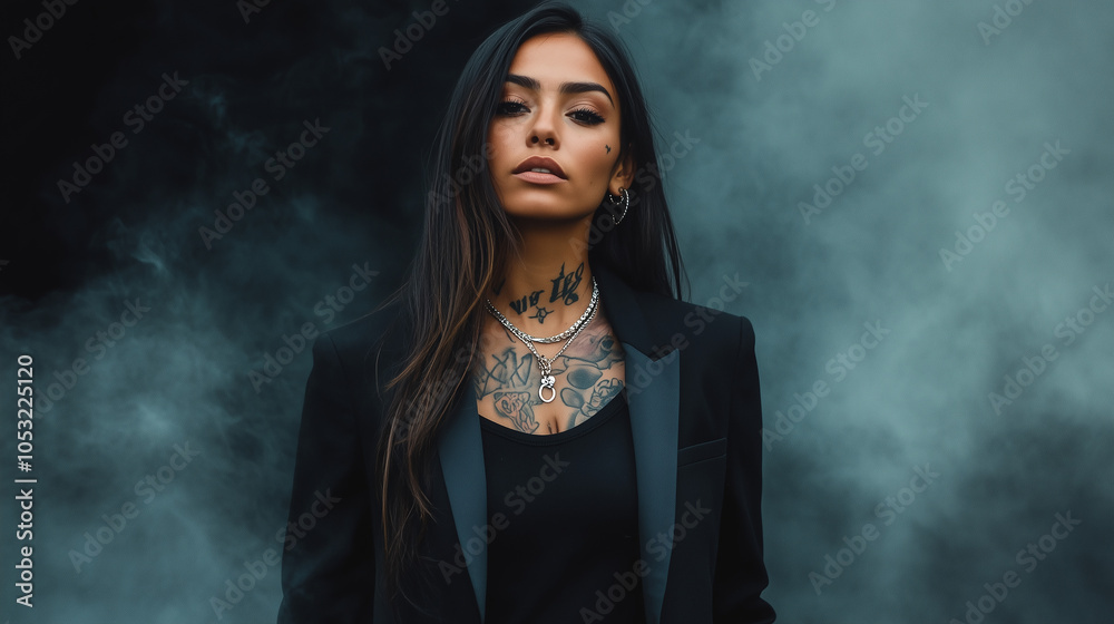 Fototapeta premium Modelka o hiszpańskim pochodzeniu z długimi włosami, ubrana w prosty czarny t-shirt oraz klasyczny żakiet, emanuje zadziornością. Jej skórne tatuaże i efektowna biżuteria podkreślają jej indywidualnoś