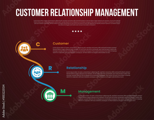 CRM infographic template with creative circle connection and linked vertical stack with dark background style with 3 point for slide presentation