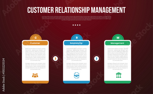 CRM infographic template with big table box with creative half circle at top with dark background style with 3 point for slide presentation